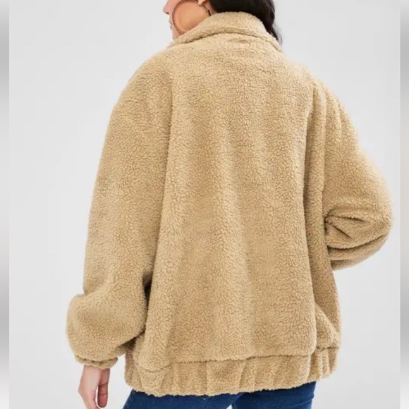 Fluffy Zip Up Winter Teddy Coat - Camel Brown - Picture 3 of 4